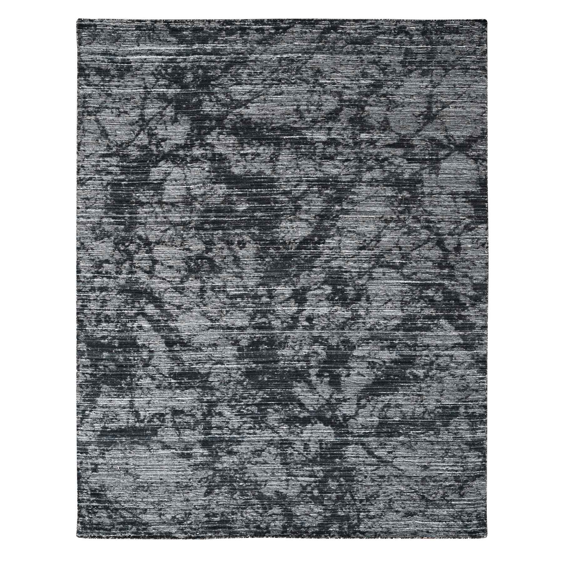 Jet Black with a mix of Ivory, Hand Loomed, Wool and Plant Based Silk, Textured Pile, Modern Design, Oriental Rug
